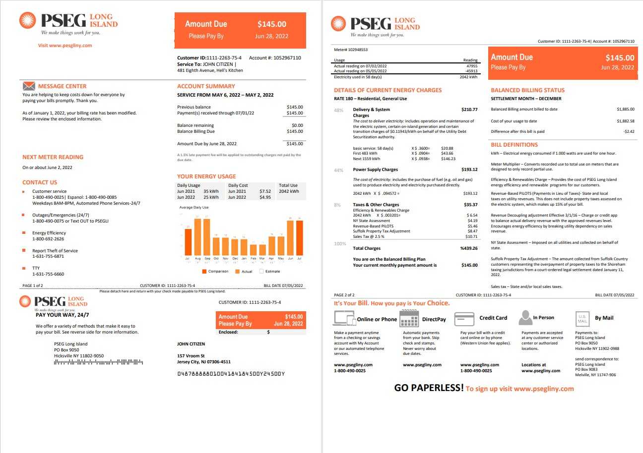 USA New Jersey PSEG electricity utility bill template in Word and PDF format, 2 pages